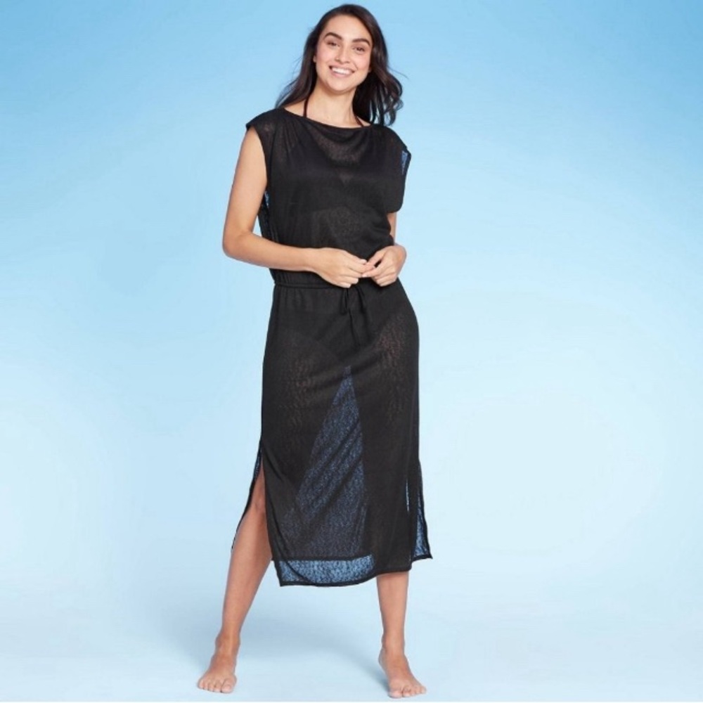 Kona Sol Women's S & M Midi Boat Neck Cover Up Dress Black NWT